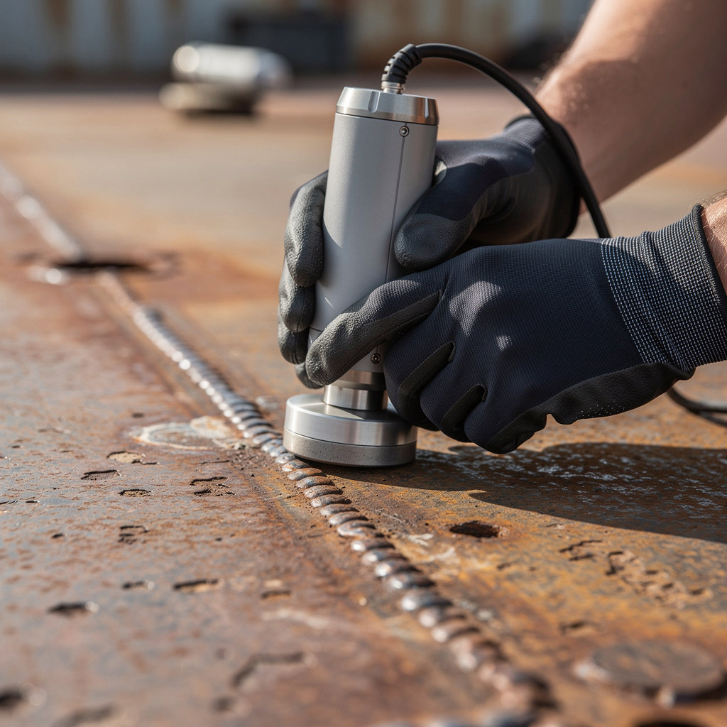 NDTest OÜ professional maritime inspection team conducting ultrasonic thickness measurements and NDT testing on ship hull structures in Tallinn, Estonia