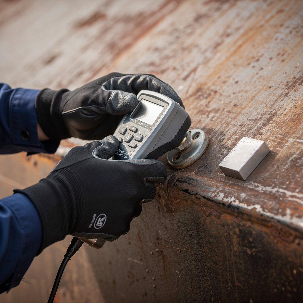 NDTest OÜ pre-dock steel condition survey showing ship hull inspection in dry dock at Tallinn maritime facility